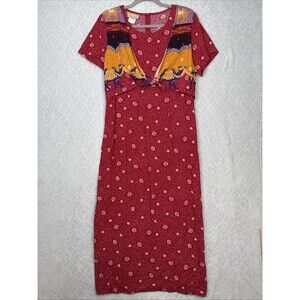 VTG 90s Maxi Dress Large Red Gold Camel Celestial Stars Witchy Gypsy Hippie Boho